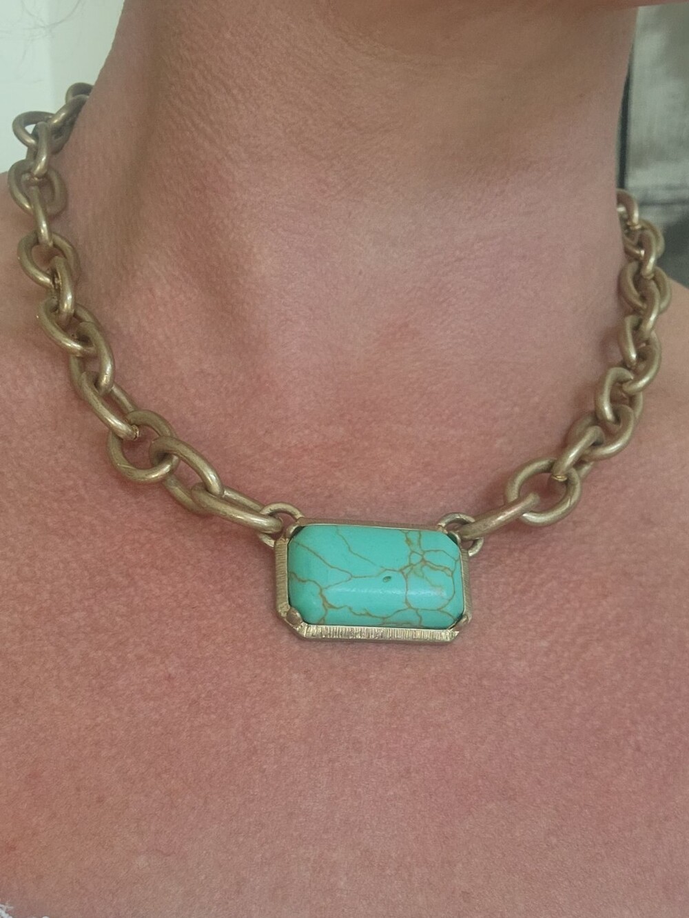 Chunk Gold Chain Necklace with Turquoise Stone Pendant